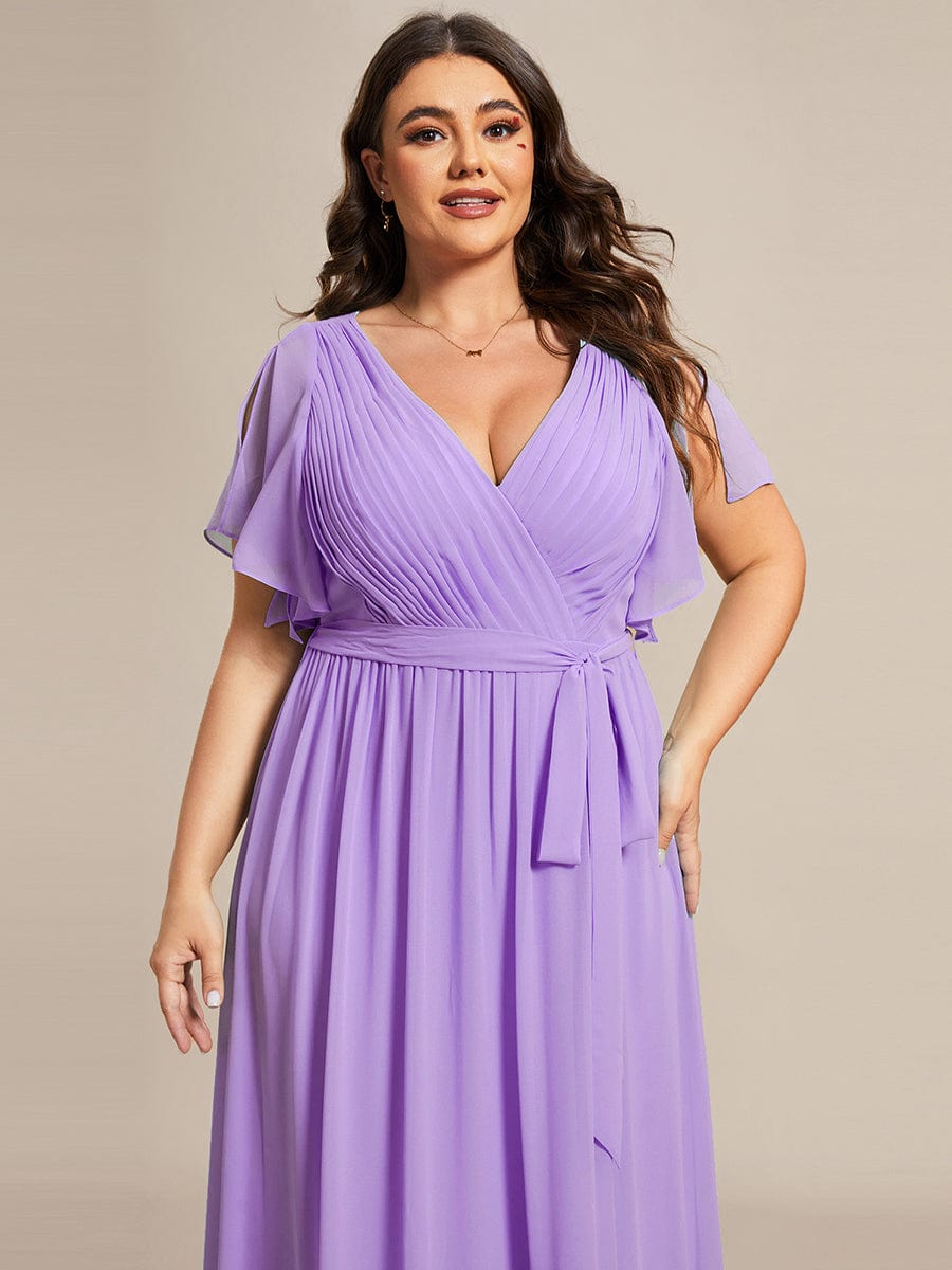 Plus Size Ruffle Pleated Chiffon Tie-Waist Evening Dress