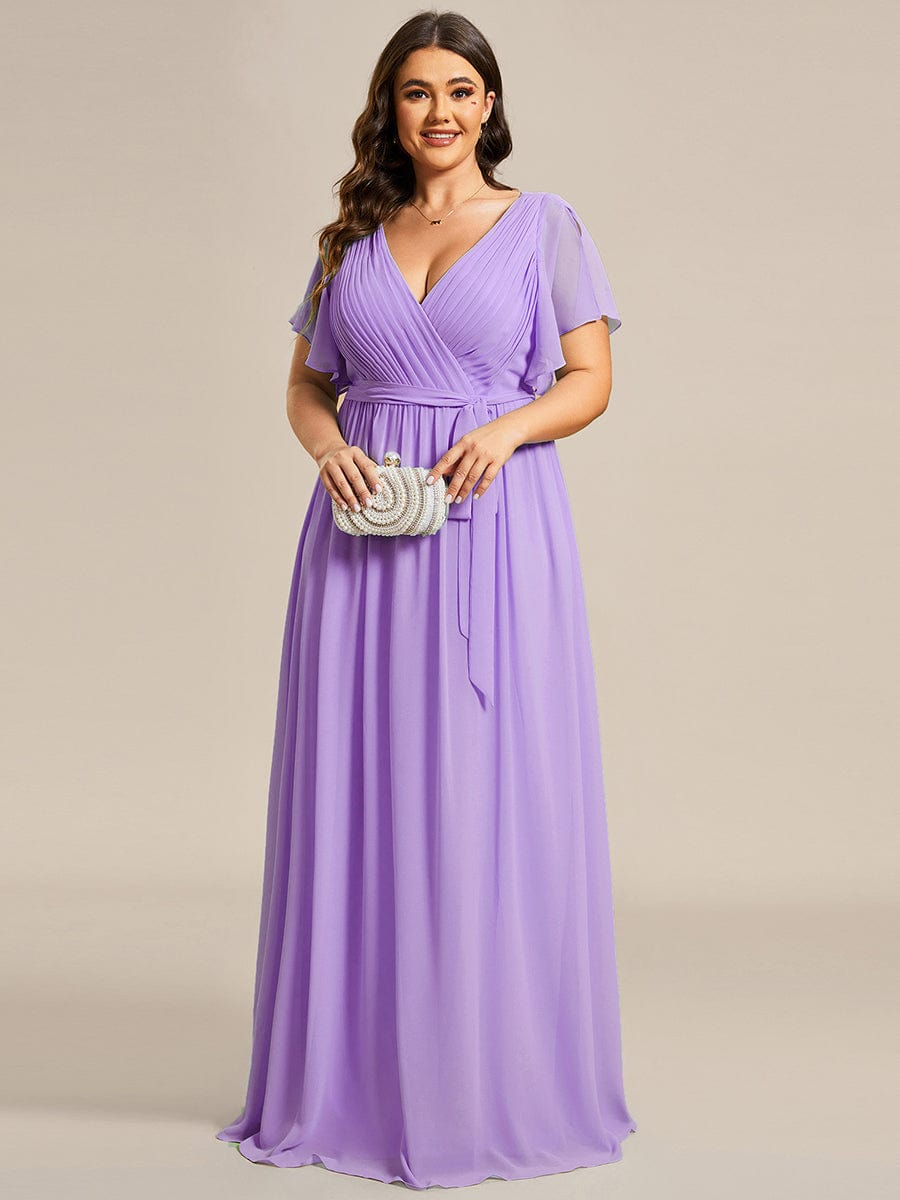 Plus Size Ruffle Pleated Chiffon Tie-Waist Evening Dress