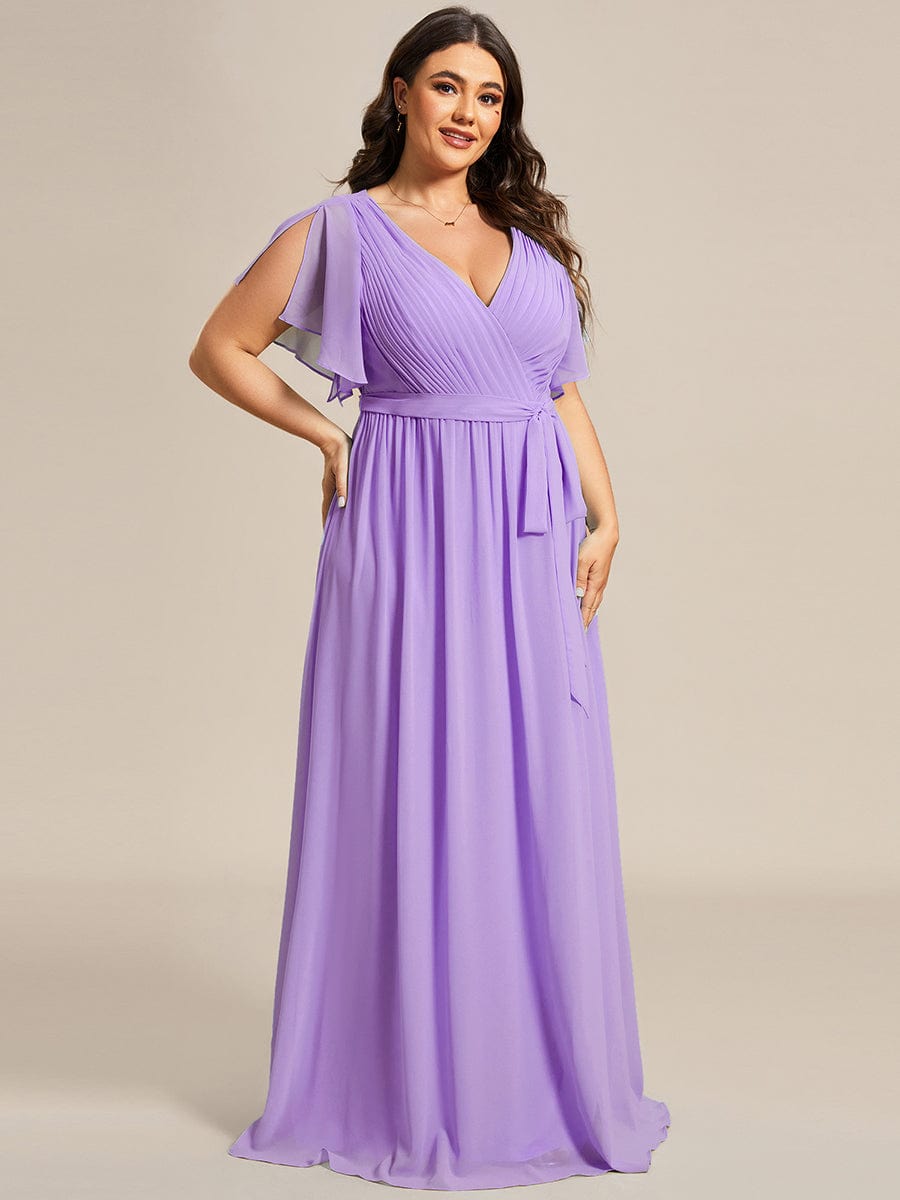 Plus Size Ruffle Pleated Chiffon Tie-Waist Evening Dress