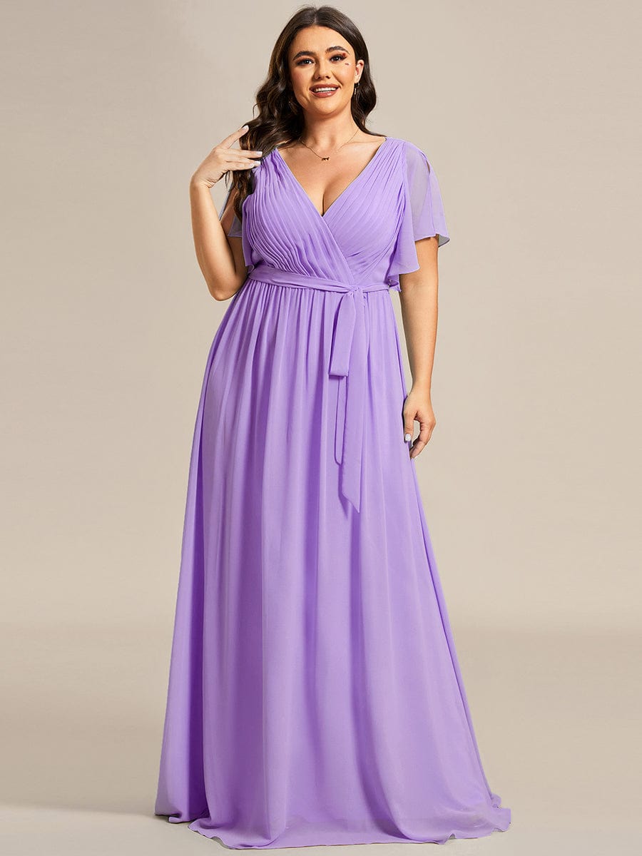 Plus Size Ruffle Pleated Chiffon Tie-Waist Evening Dress