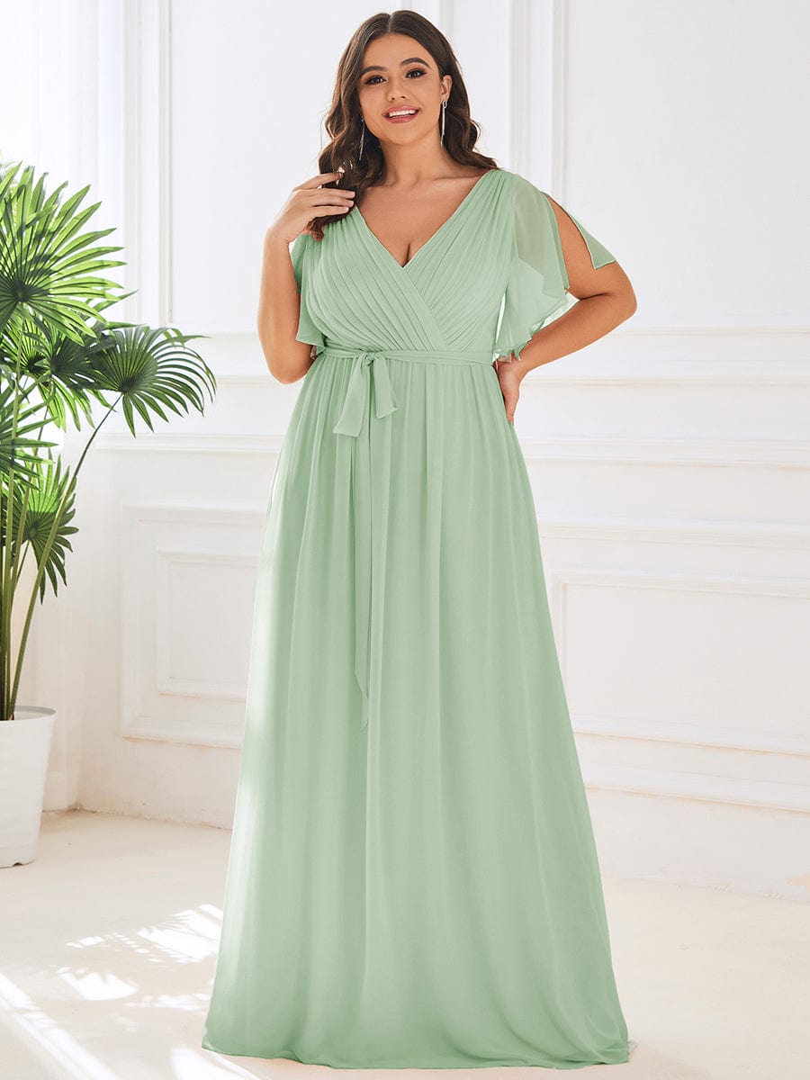 Plus Size Ruffle Pleated Chiffon Tie-Waist Evening Dress