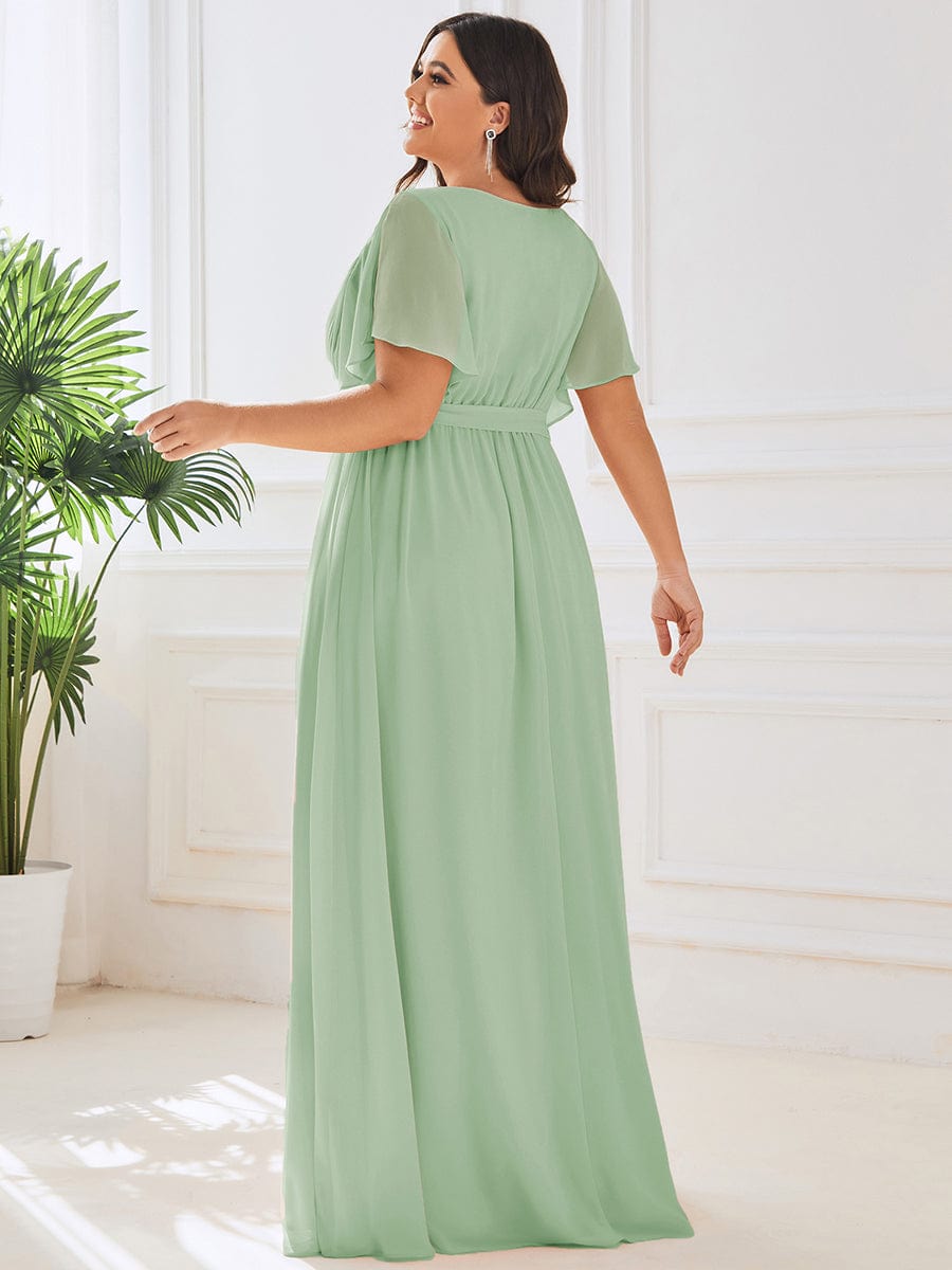 Plus Size Ruffle Pleated Chiffon Tie-Waist Evening Dress