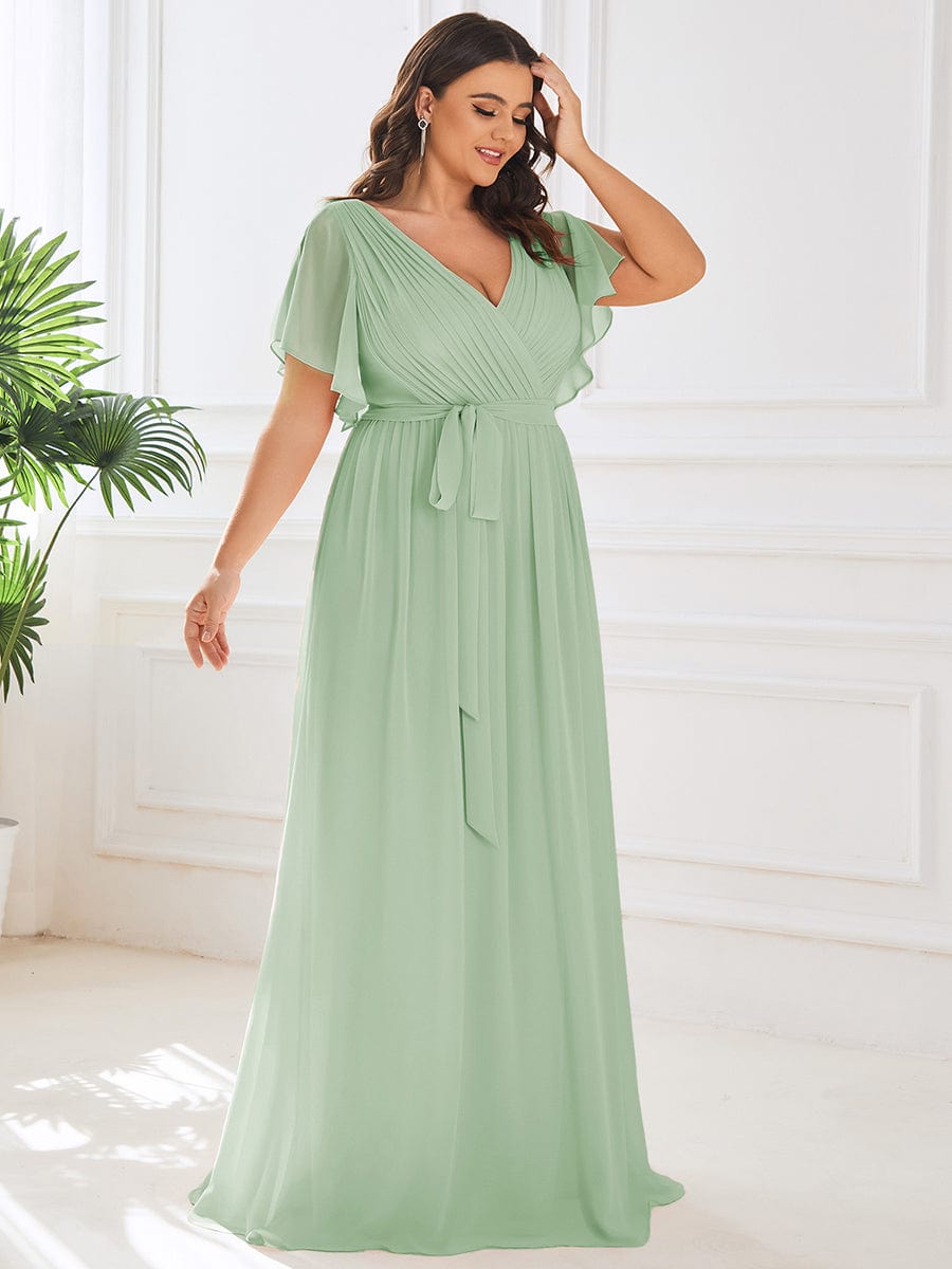 Plus Size Ruffle Pleated Chiffon Tie-Waist Evening Dress