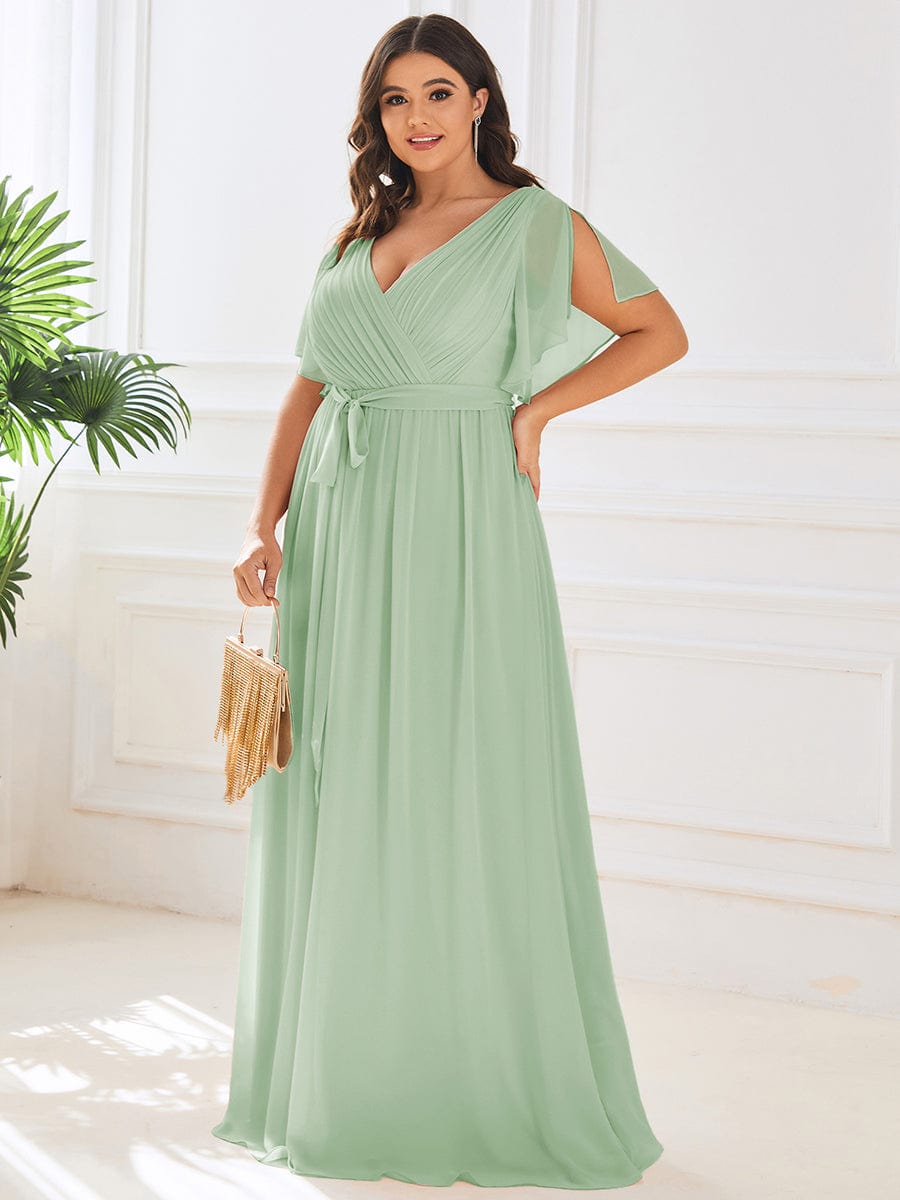 Plus Size Ruffle Pleated Chiffon Tie-Waist Evening Dress