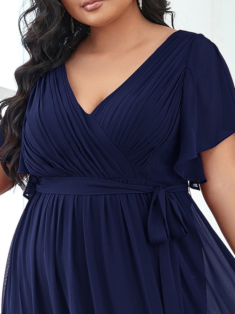 Plus Size Ruffle Pleated Chiffon Tie-Waist Evening Dress