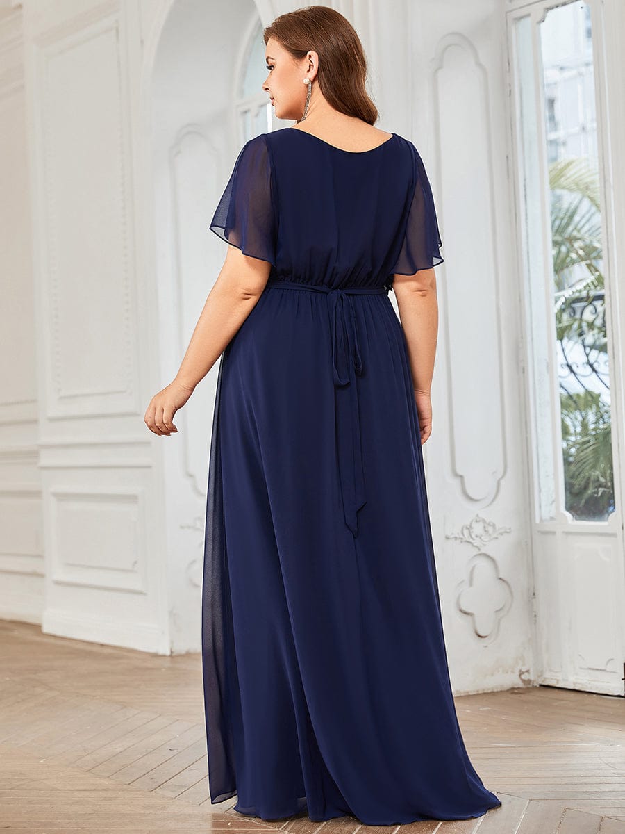 Plus Size Ruffle Pleated Chiffon Tie-Waist Evening Dress