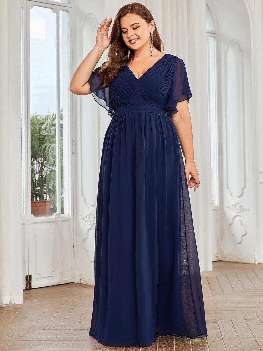 Plus Size Ruffle Pleated Chiffon Tie-Waist Evening Dress