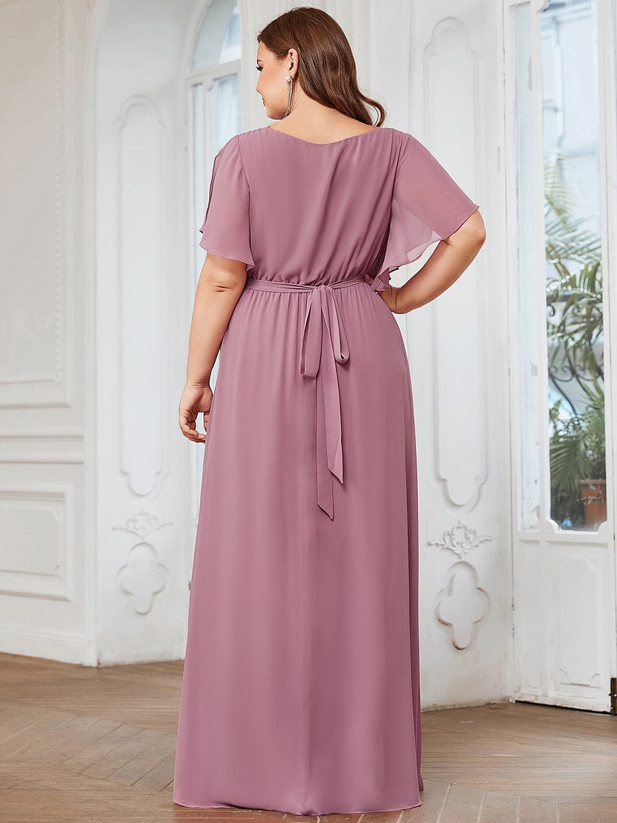 Plus Size Ruffle Pleated Chiffon Tie-Waist Evening Dress