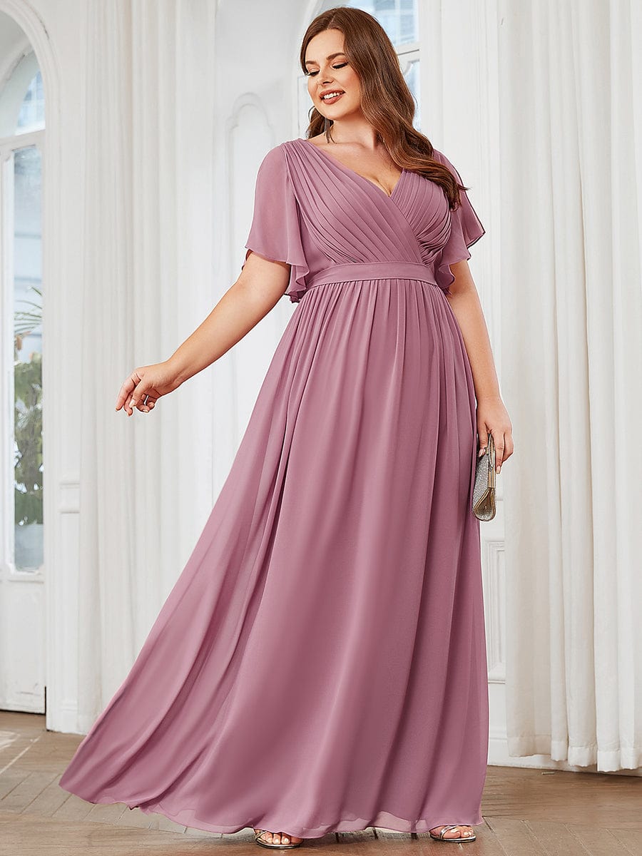 Plus Size Ruffle Pleated Chiffon Tie-Waist Evening Dress