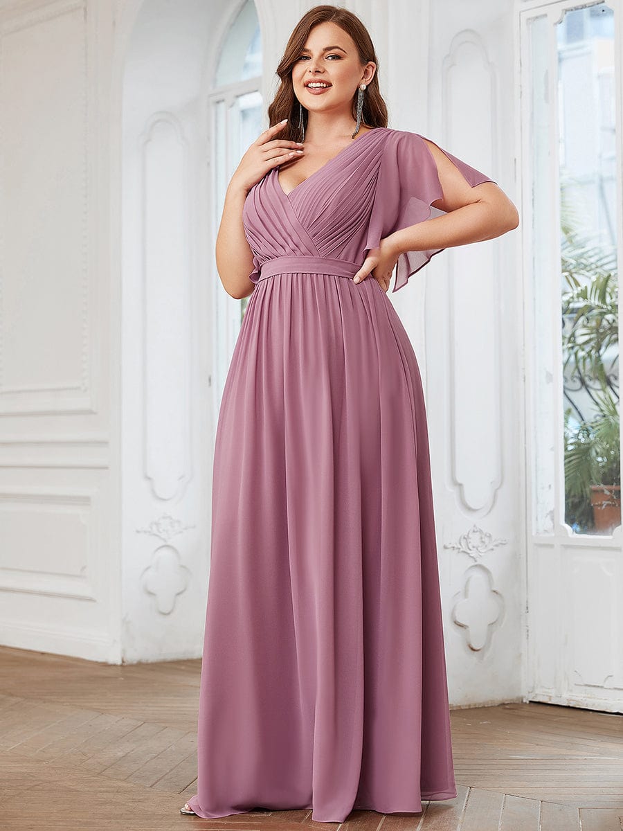 Plus Size Ruffle Pleated Chiffon Tie-Waist Evening Dress