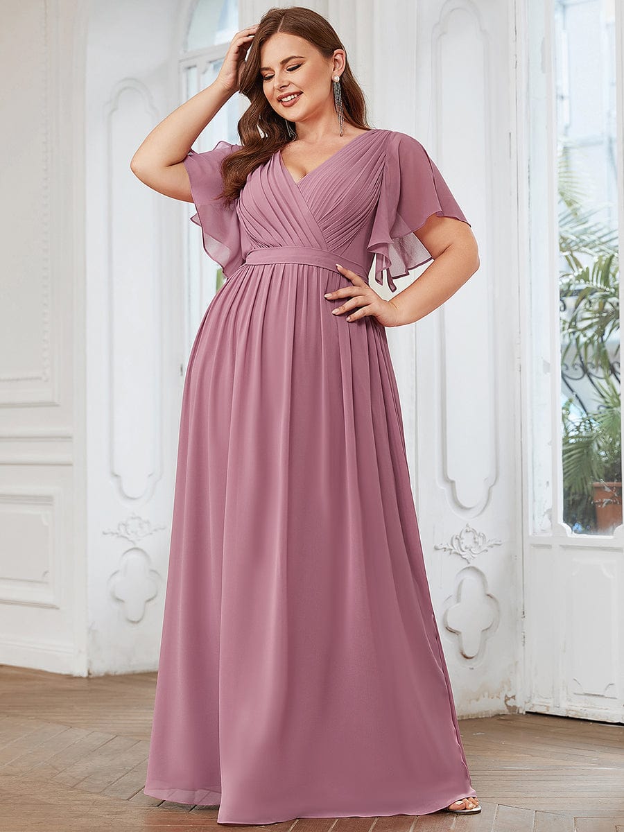 Plus Size Ruffle Pleated Chiffon Tie-Waist Evening Dress