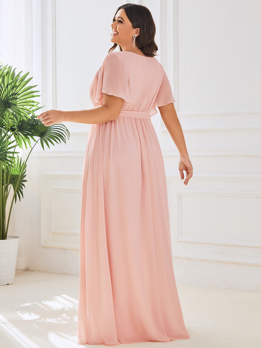 Plus Size Ruffle Pleated Chiffon Tie-Waist Evening Dress