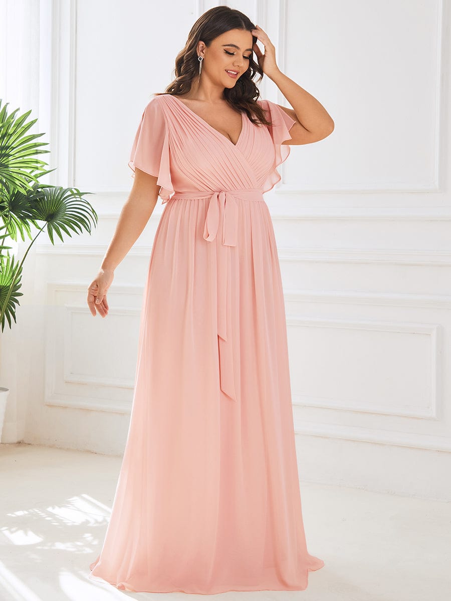 Plus Size Ruffle Pleated Chiffon Tie-Waist Evening Dress