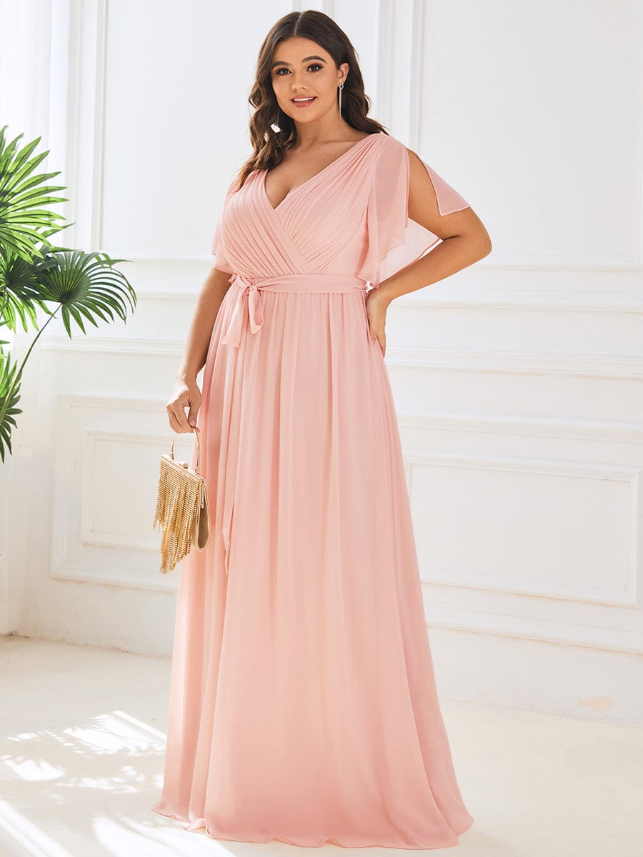 Plus Size Ruffle Pleated Chiffon Tie-Waist Evening Dress