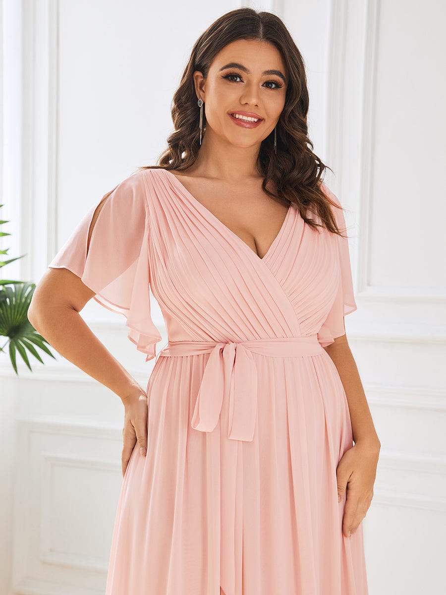 Plus Size Ruffle Pleated Chiffon Tie-Waist Evening Dress