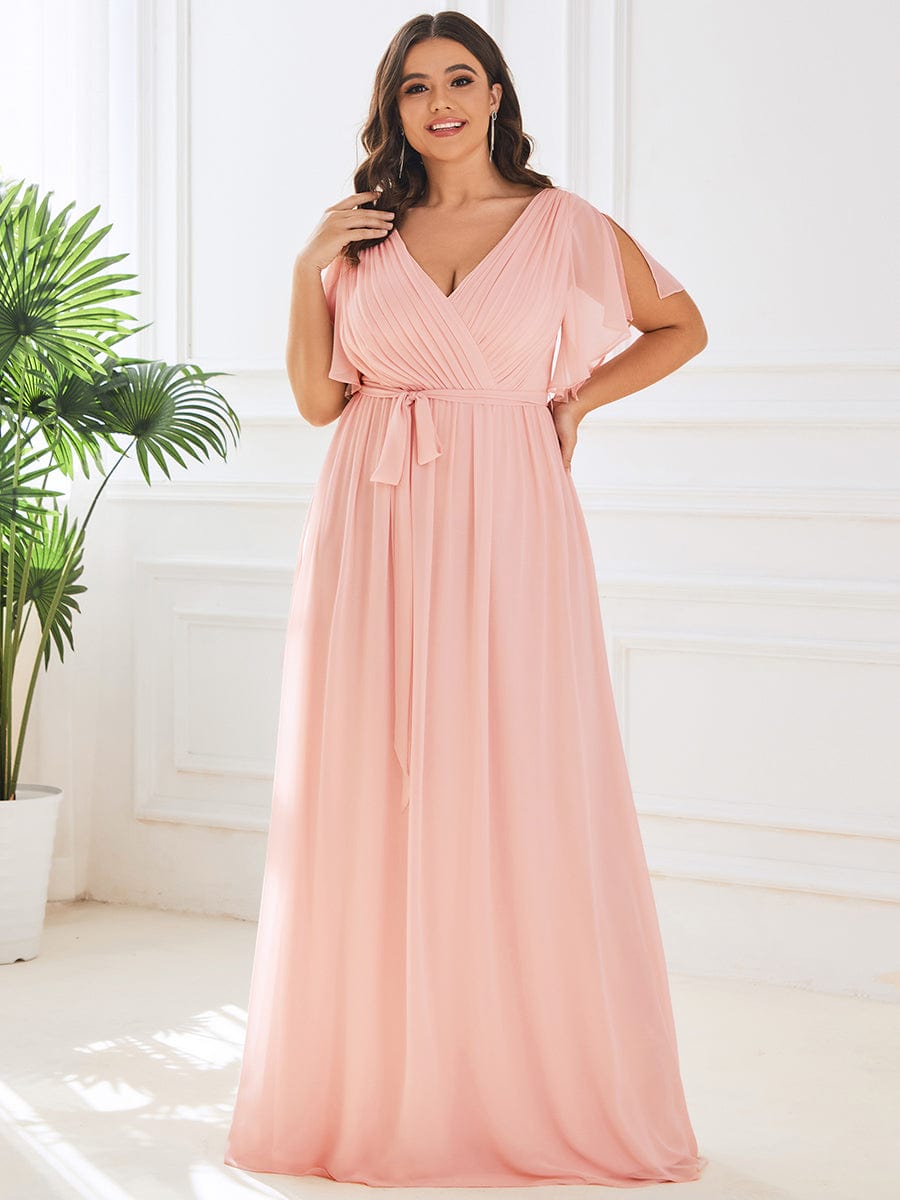 Plus Size Ruffle Pleated Chiffon Tie-Waist Evening Dress