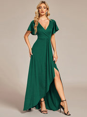 Glitter High-Low Front Side Slit Ruffled V-Neck Evening Dress