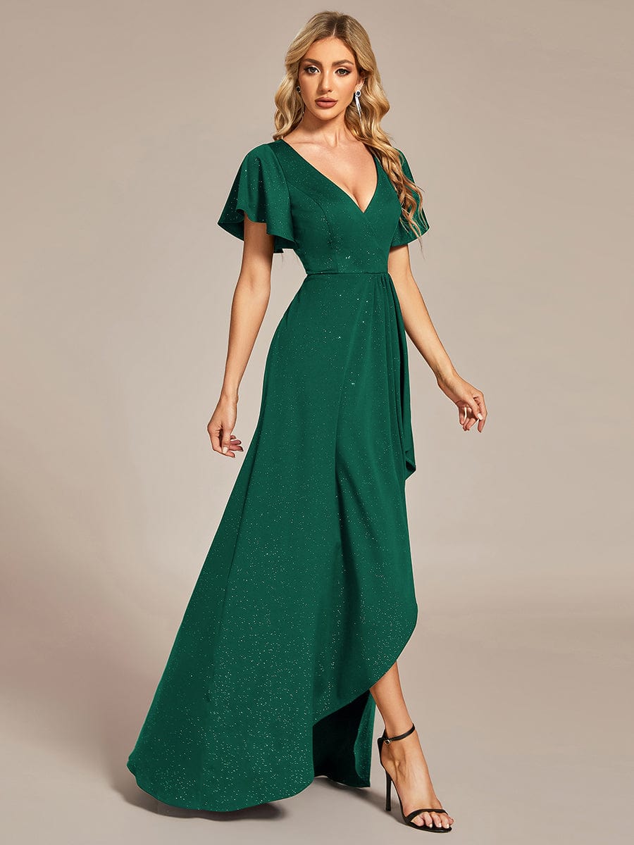 Glitter High-Low Front Side Slit Ruffled V-Neck Evening Dress