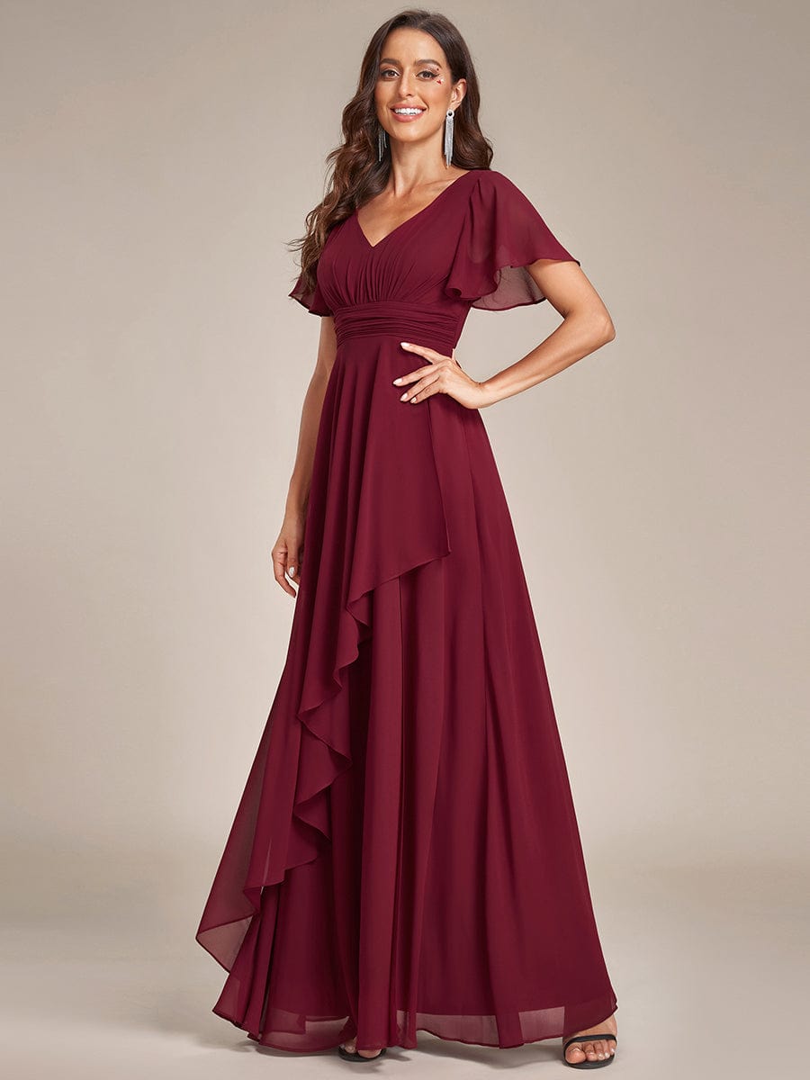 Ruffles Sleeve High Slit with Louts Leaf Chiffon Evening Dress