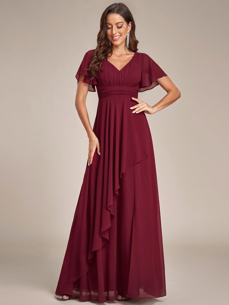 Ruffles Sleeve High Slit with Louts Leaf Chiffon Evening Dress