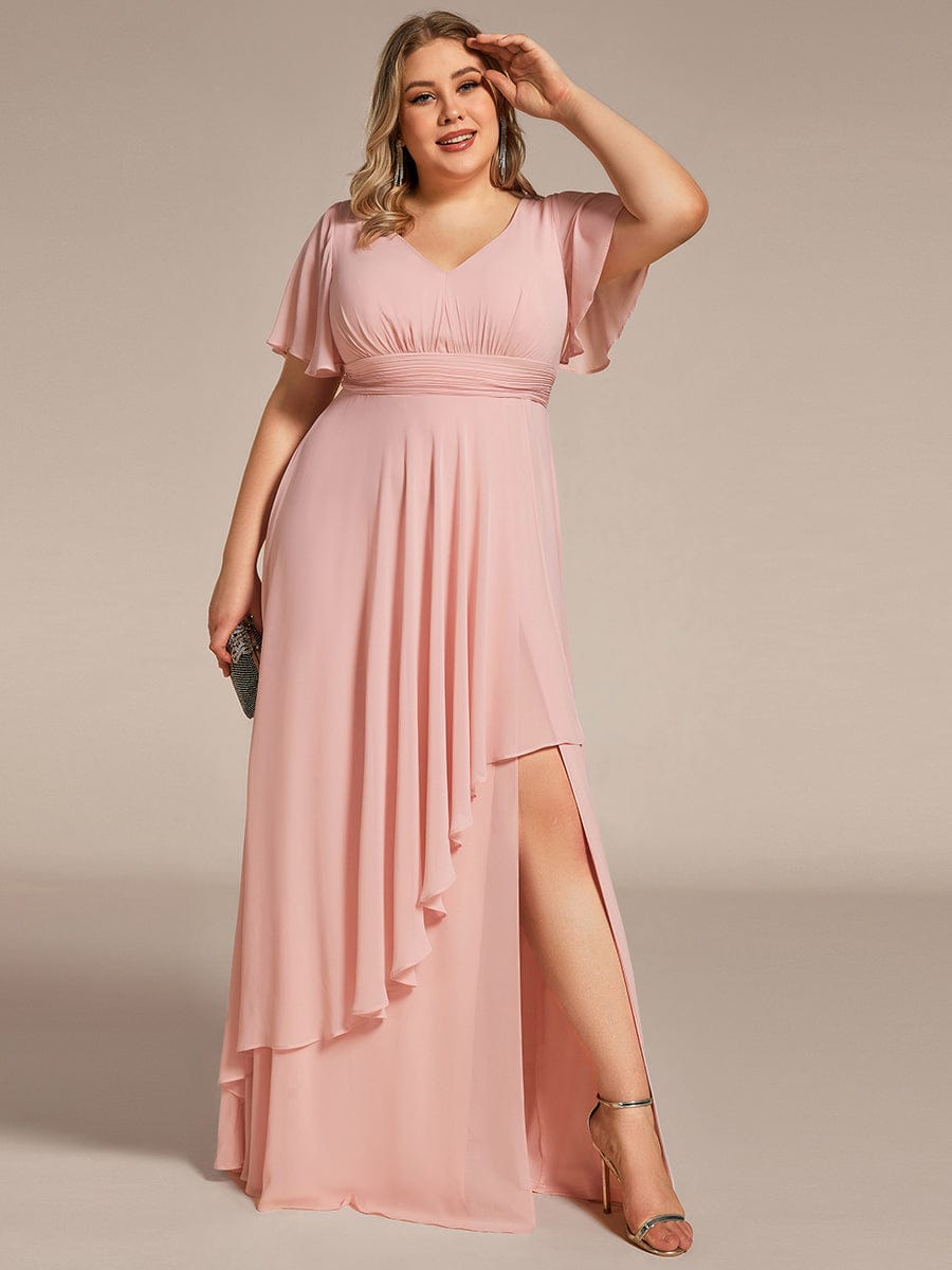 Ruffles Sleeve High Slit with Louts Leaf Chiffon Evening Dress