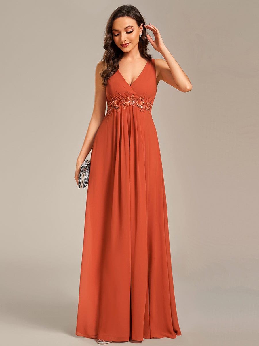 Floral Applique Sleeveless Chiffon Long Formal Evening Dress