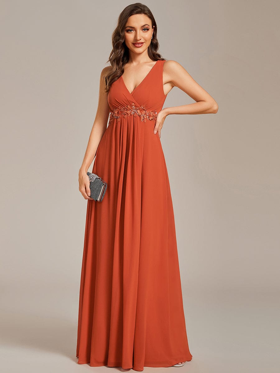 Floral Applique Sleeveless Chiffon Long Formal Evening Dress