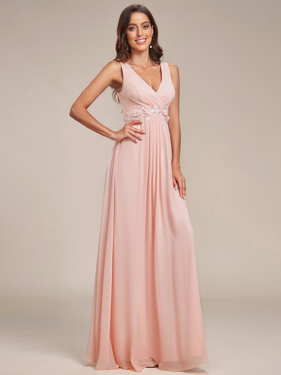 Floral Applique Sleeveless Chiffon Long Formal Evening Dress