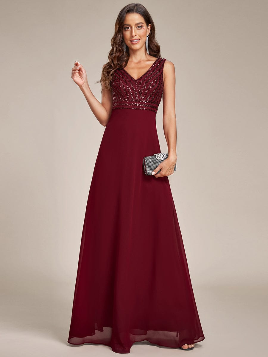 Sequin Sleeveless Double V-Neck Formal Evening Dress