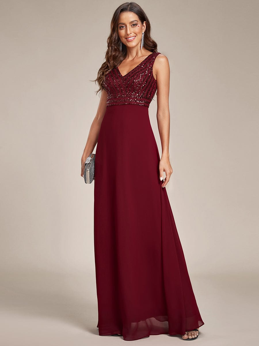 Sequin Sleeveless Double V-Neck Formal Evening Dress