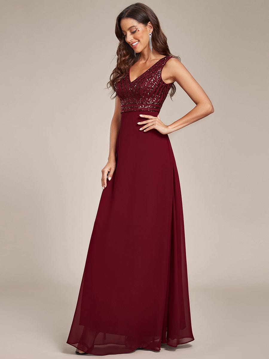 Sequin Sleeveless Double V-Neck Formal Evening Dress