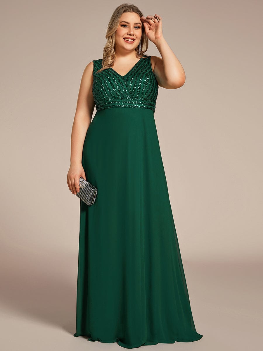 Sequin Sleeveless Double V-Neck Formal Evening Dress