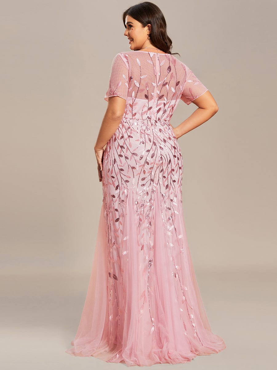 Floral Sequin Print Maxi Long Fishtail Formal Dresses With Half Sleeve