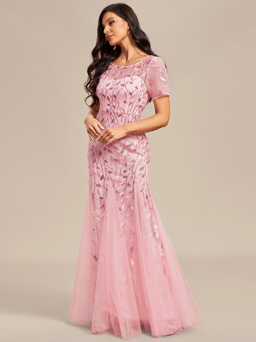 Floral Sequin Print Maxi Long Fishtail Formal Dresses With Half Sleeve