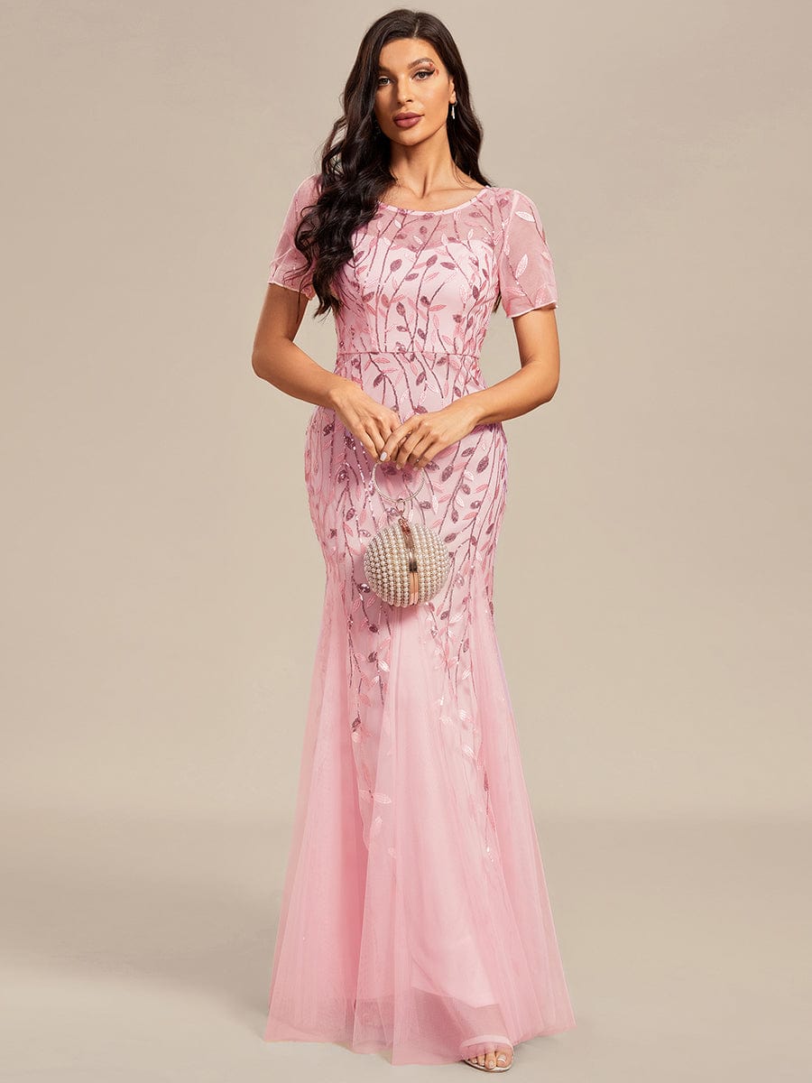 Floral Sequin Print Maxi Long Fishtail Formal Dresses With Half Sleeve