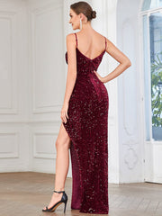 Spaghetti Strap Ruched Sequin High Slit Evening Dress