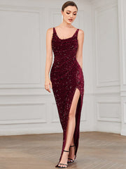 Spaghetti Strap Ruched Sequin High Slit Evening Dress