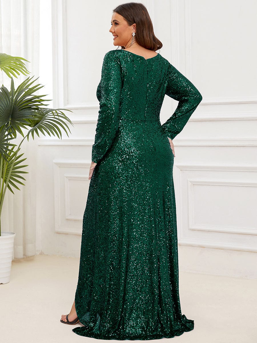 Plus Size Sequin V-Neck Long Sleeve High Slit Bodycon Evening Dress