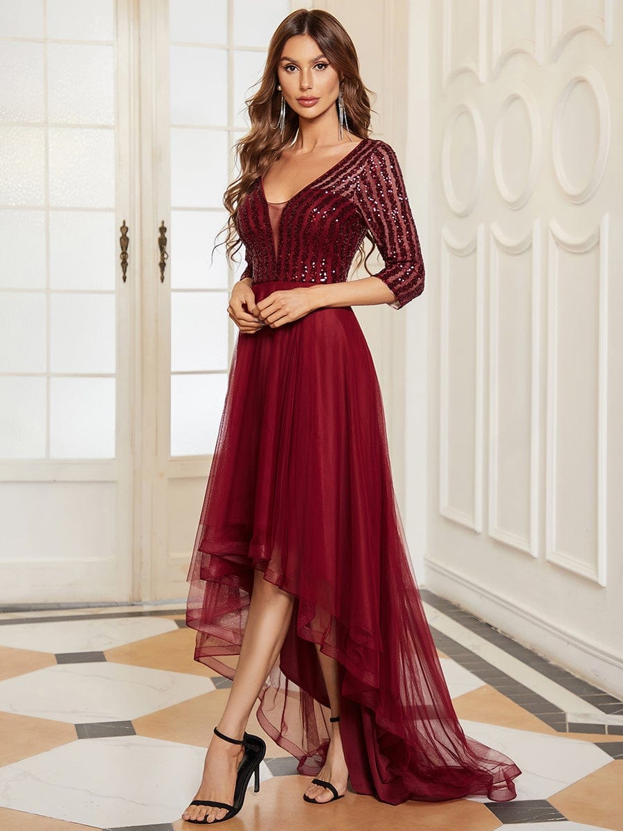 3/4 Sleeve Sheer Sequin Stripe High Low Hem Evening Dress