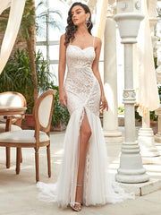 Spaghetti Strap Lace Backless Long Fishtail Wedding Dress