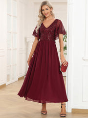 Short Sleeve V-Neck Sequin Chiffon A-Line Mother of the Bride Dress