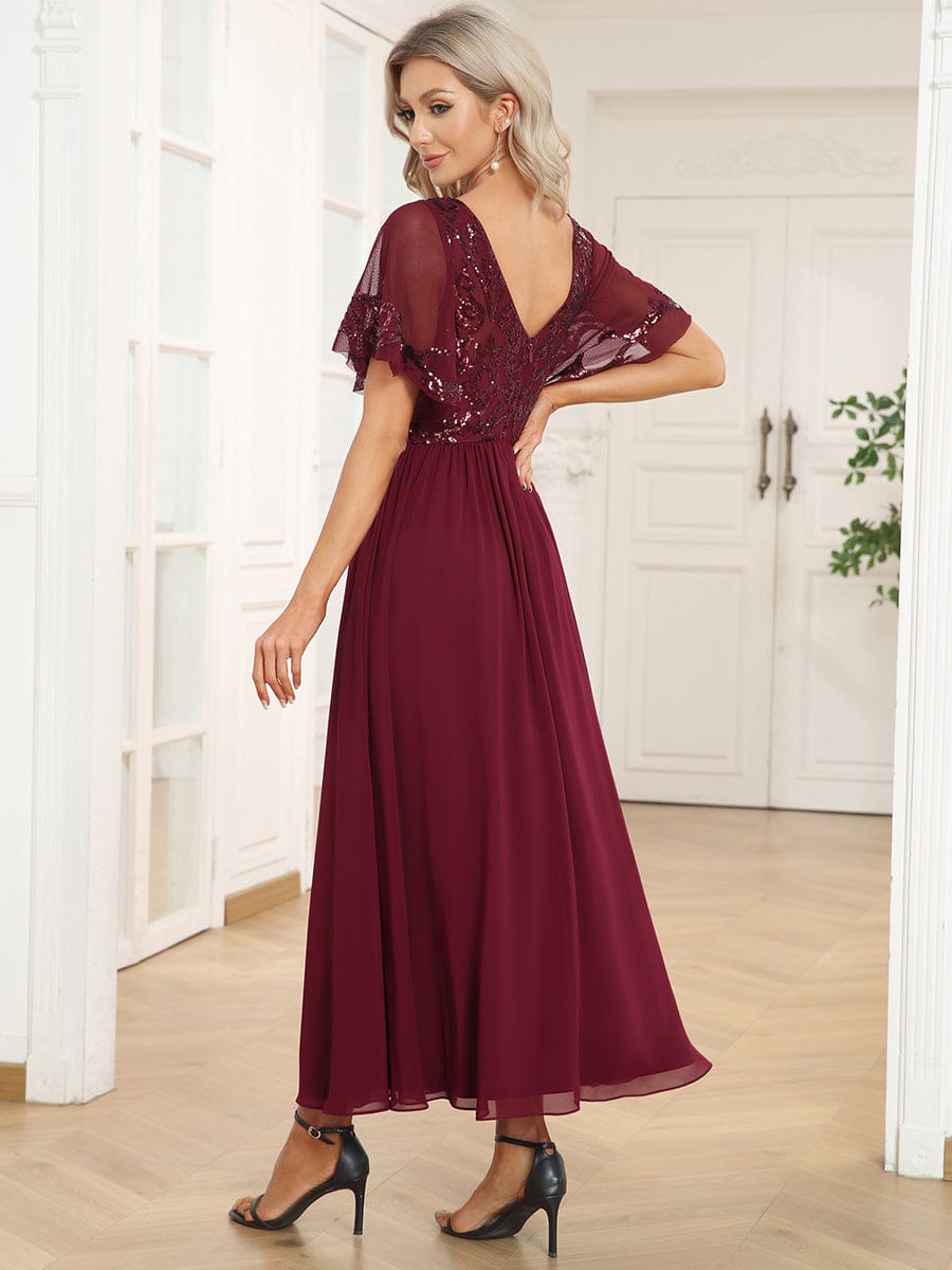 Short Sleeve V-Neck Sequin Chiffon A-Line Mother of the Bride Dress