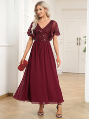 Short Sleeve V-Neck Sequin Chiffon A-Line Mother of the Bride Dress