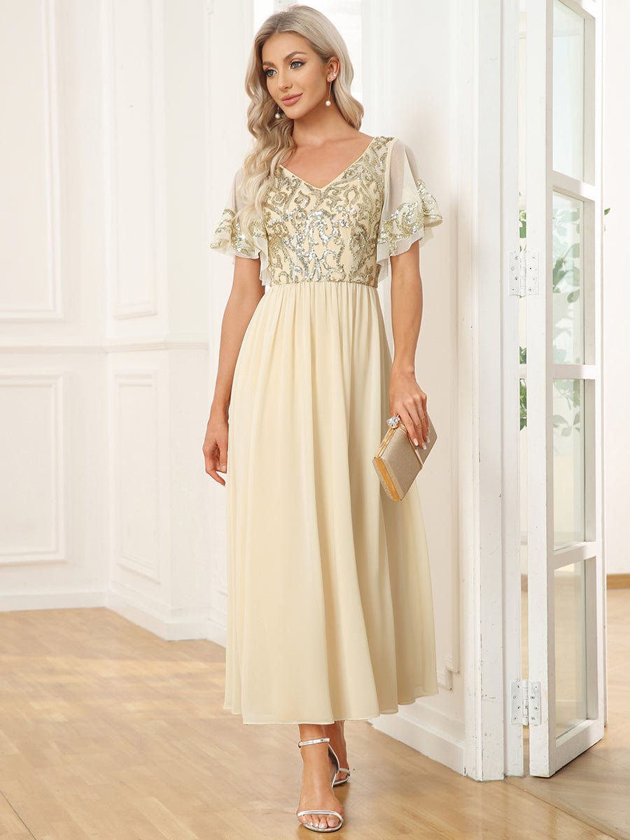 Short Sleeve V-Neck Sequin Chiffon A-Line Mother of the Bride Dress