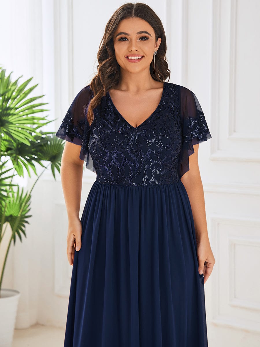 Short Sleeve V-Neck Sequin Chiffon A-Line Mother of the Bride Dress