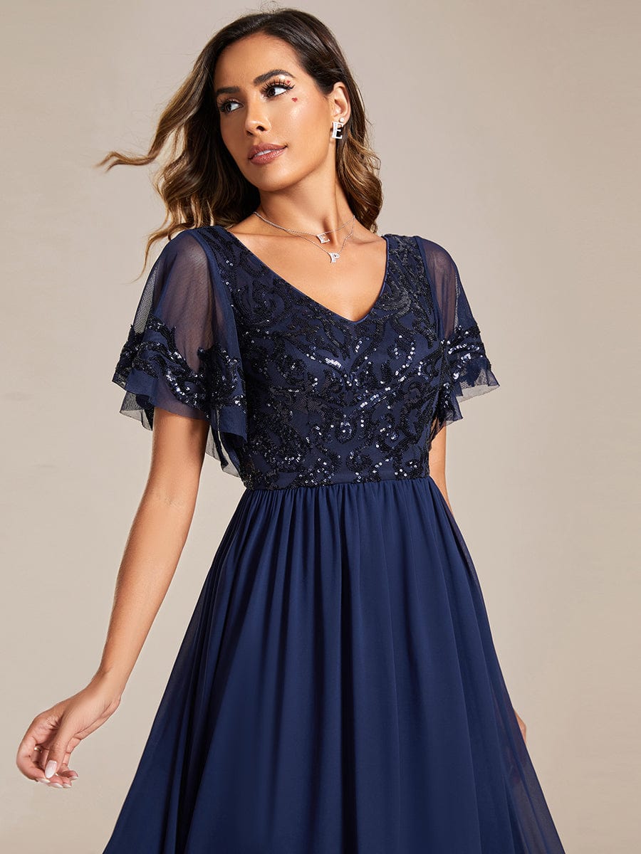 Short Sleeve V-Neck Sequin Chiffon A-Line Mother of the Bride Dress