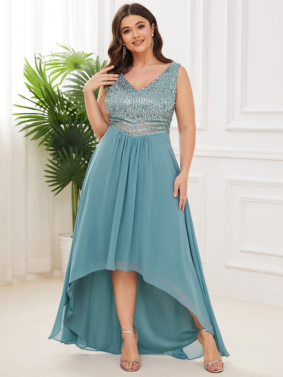 Elegant Paillette & Chiffon V-neck A-line Sleeveless Plus Size Evening Dresses