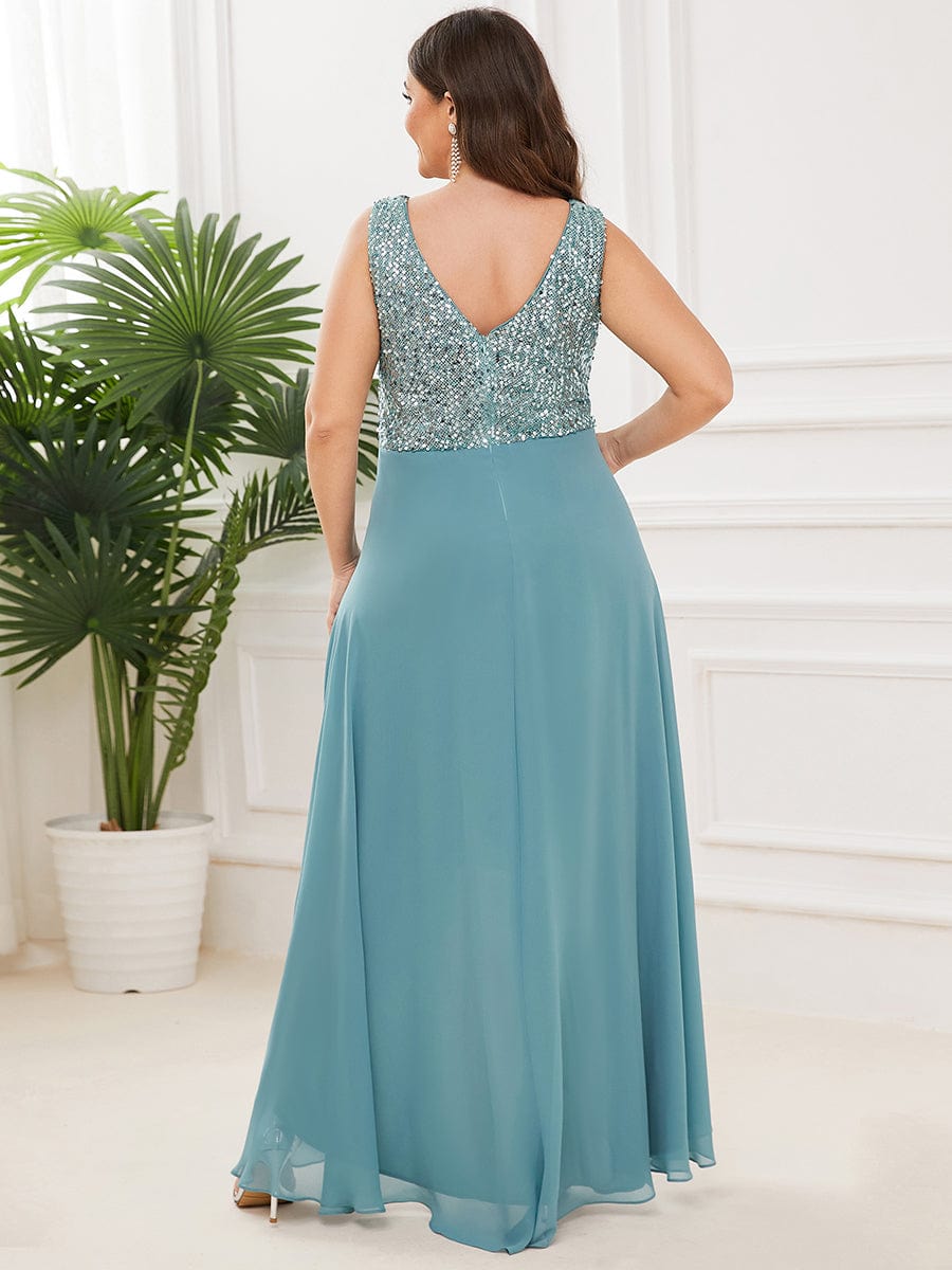 Elegant Paillette & Chiffon V-neck A-line Sleeveless Plus Size Evening Dresses