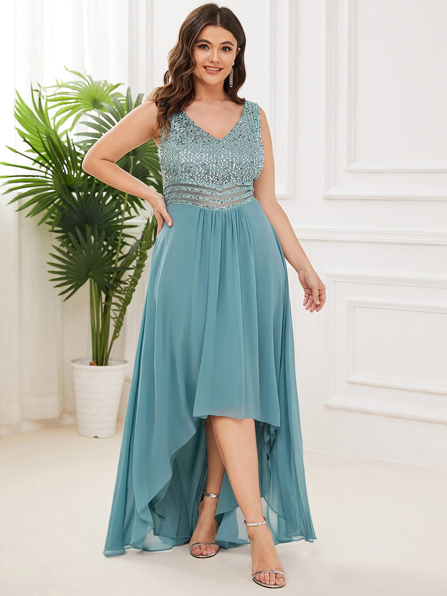 Elegant Paillette & Chiffon V-neck A-line Sleeveless Plus Size Evening Dresses