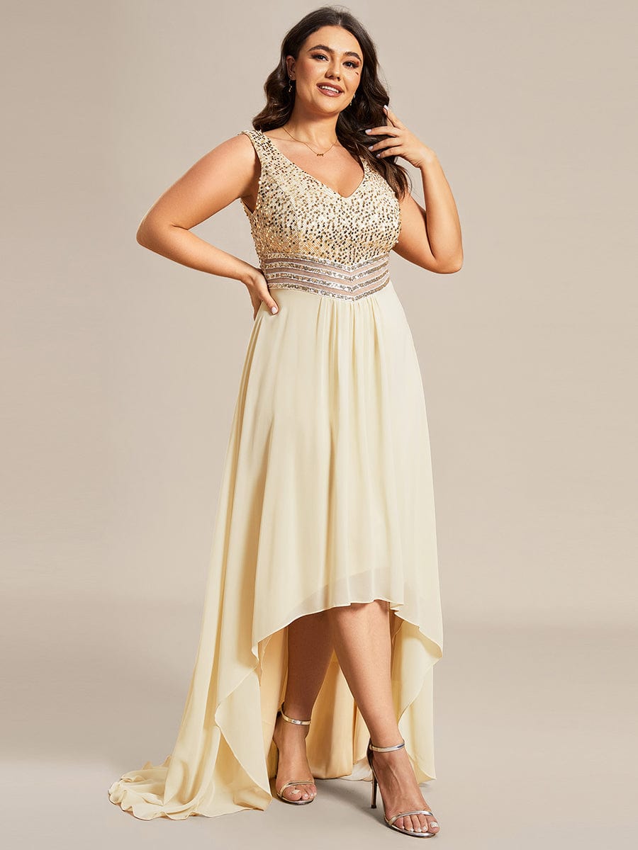 Elegant Paillette & Chiffon V-neck A-line Sleeveless Plus Size Evening Dresses